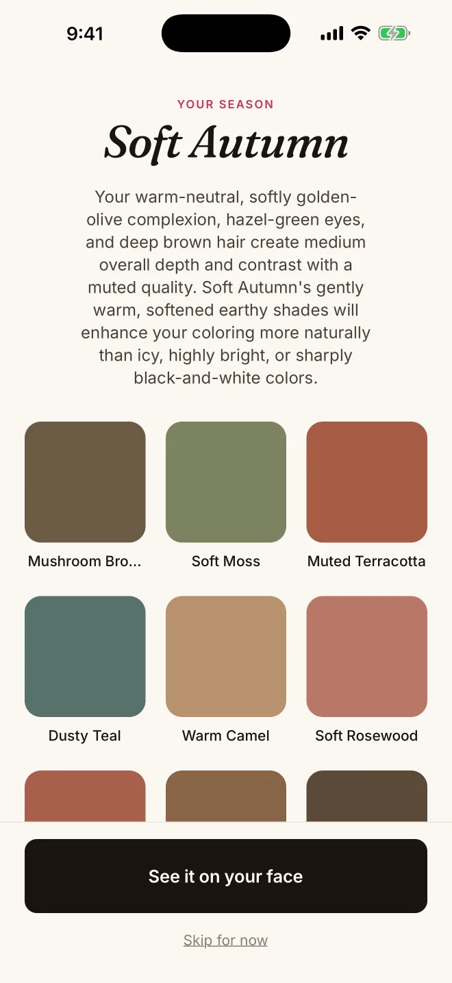 Vella showing a Soft Autumn color season result with palette swatches