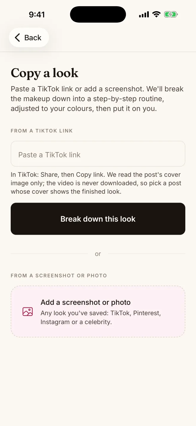 Copy a look screen with a TikTok link field