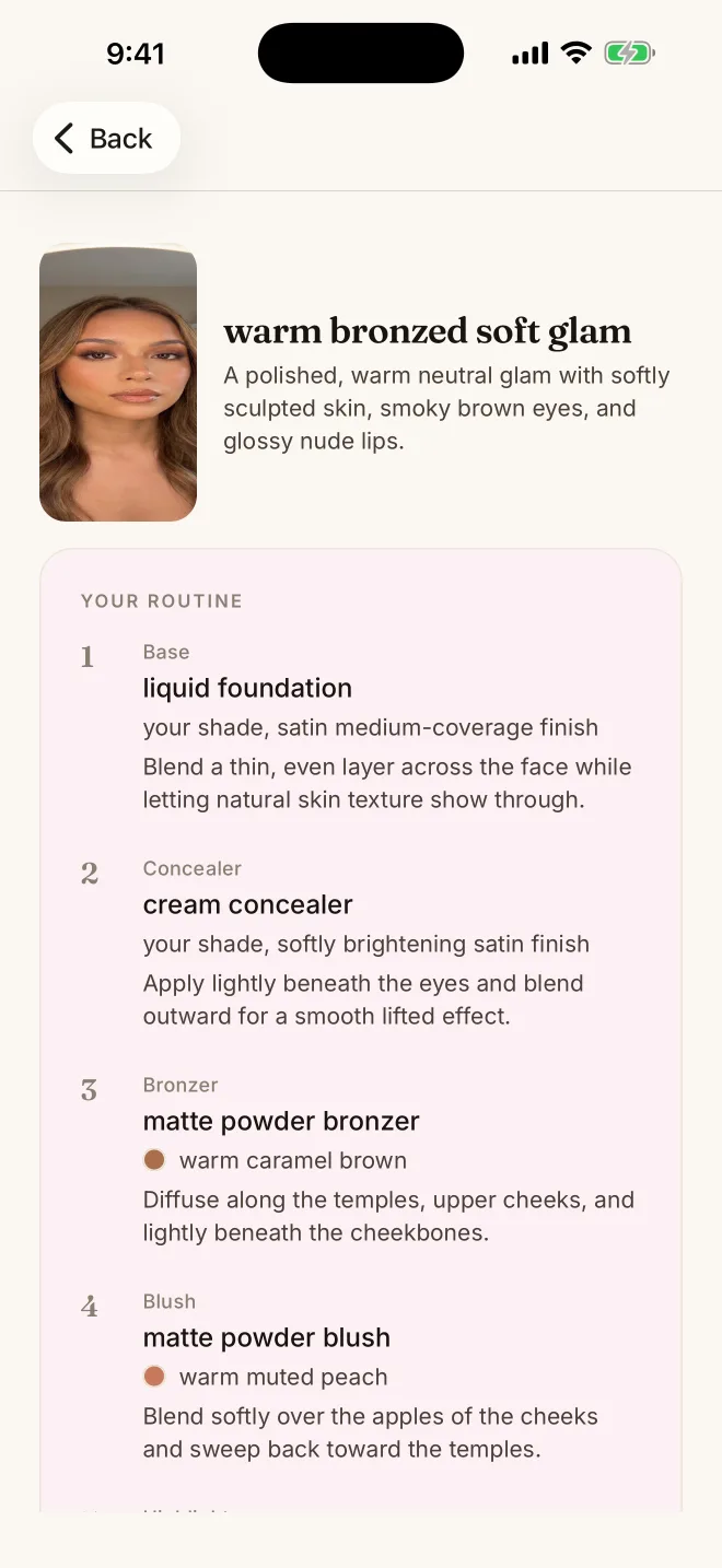 Step-by-step makeup routine generated from an inspiration photo