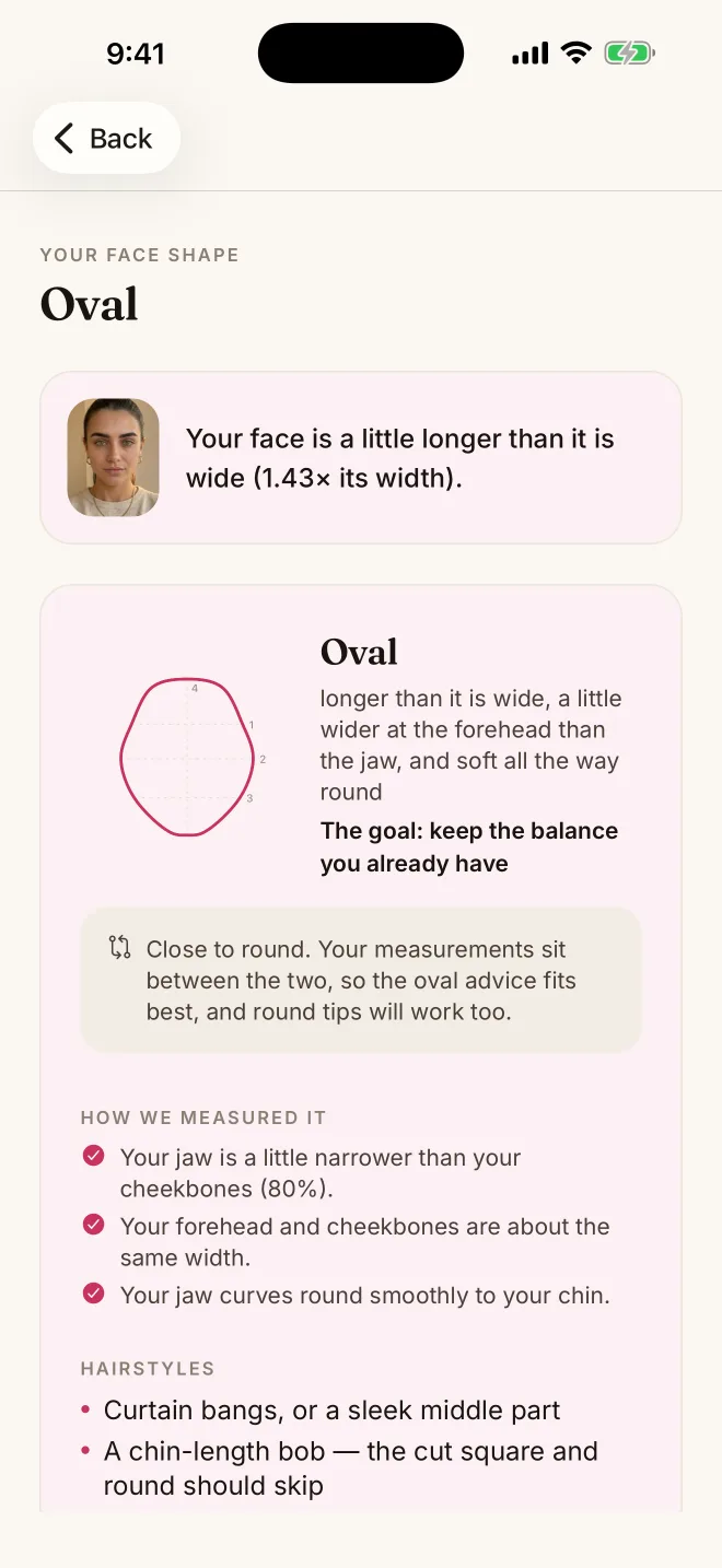Face shape result showing an oval face outline